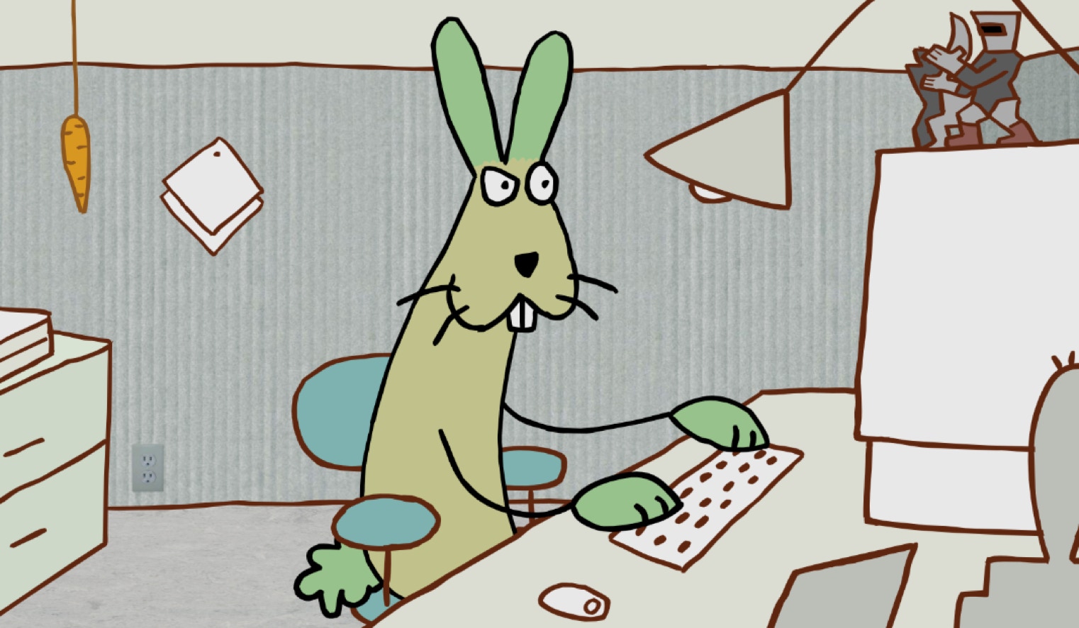 A rabbit typing infront of a computer