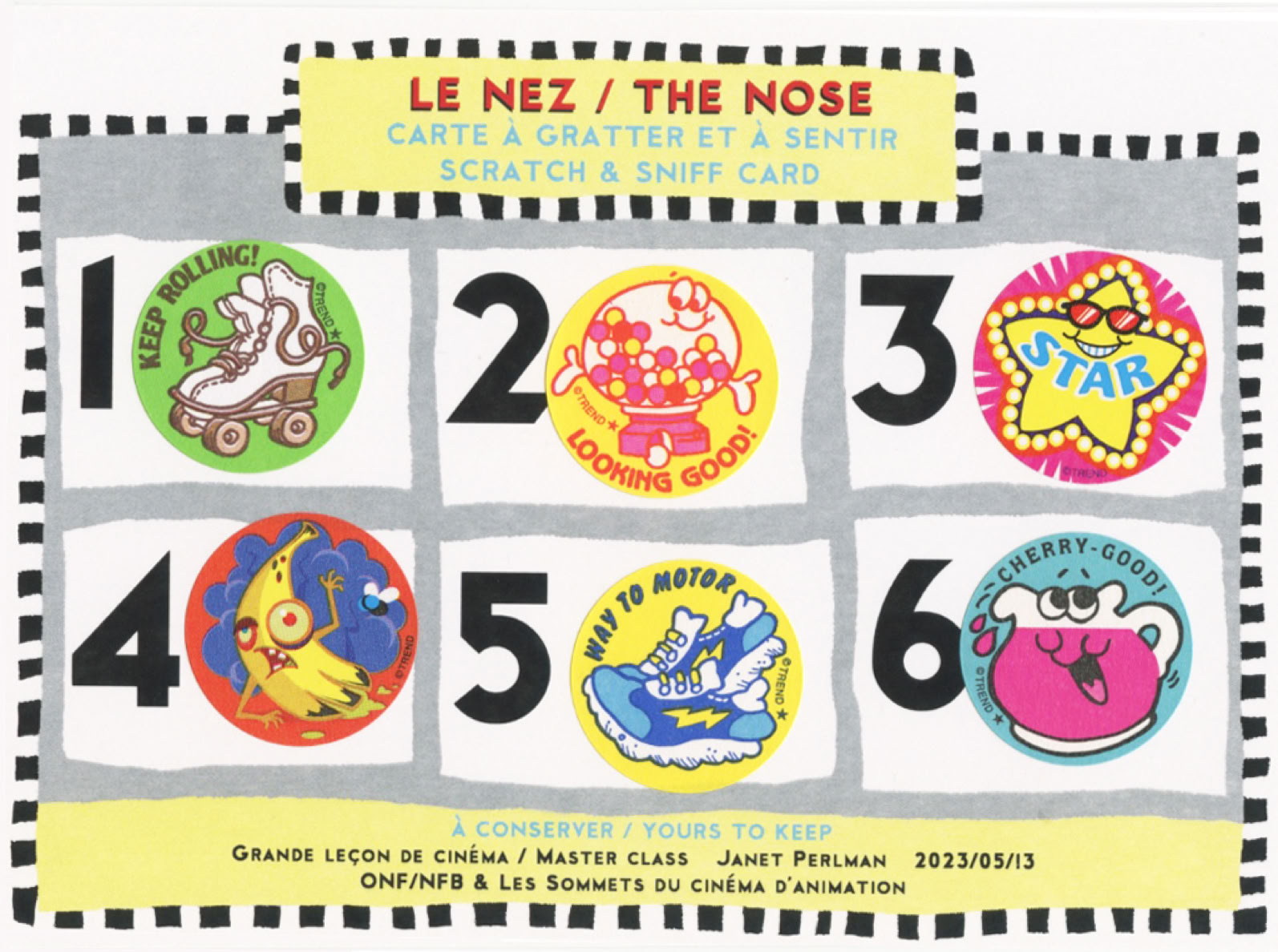 A card with 6 different colourful stickers